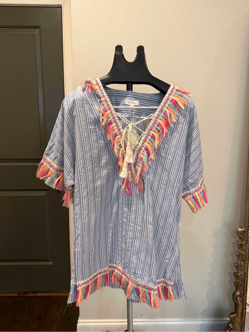 Velzera Blue Striped Tassel Fringe Tunic Top Women’s Small NWT Boho